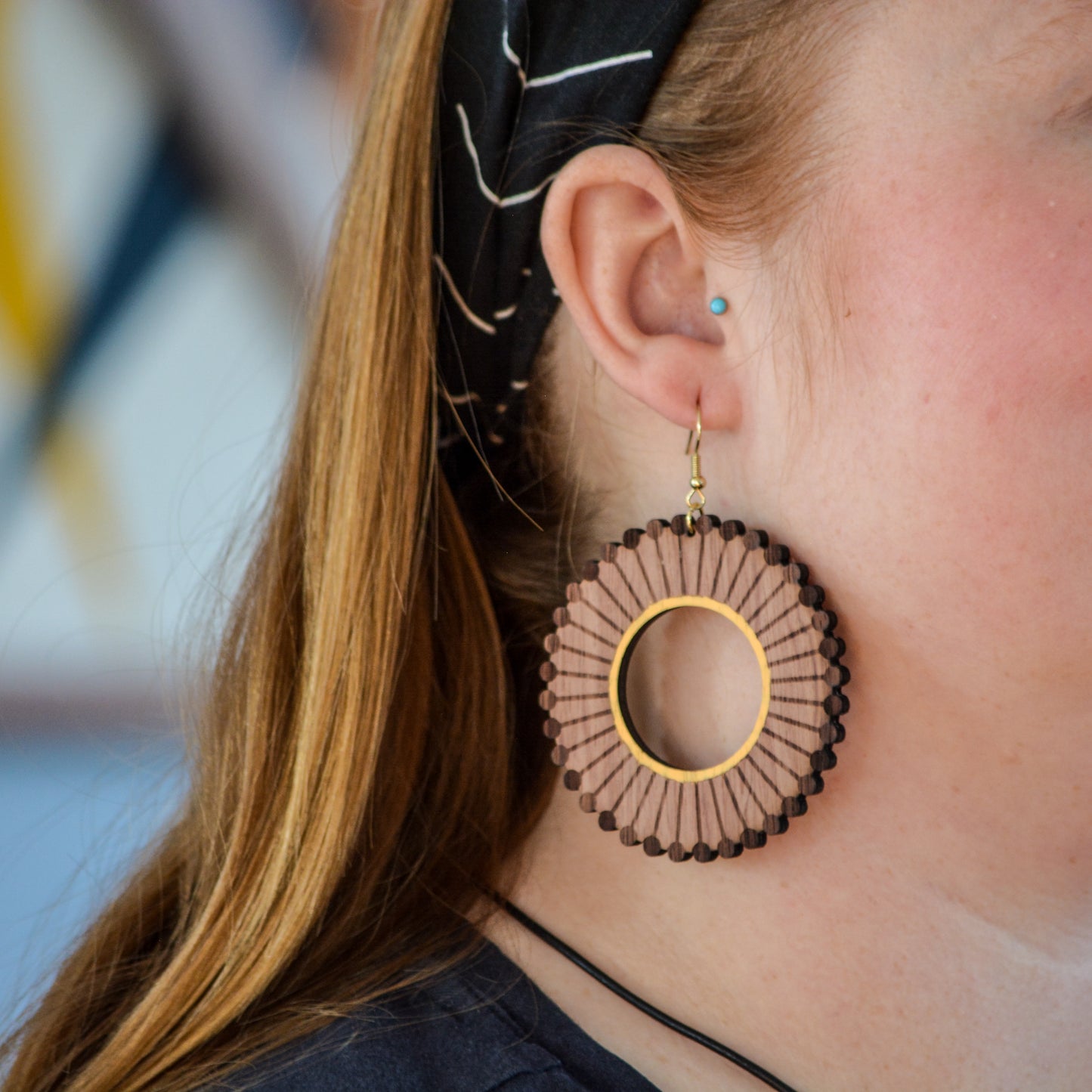 Sunburst Design MCM-Inspired Wood Earrings