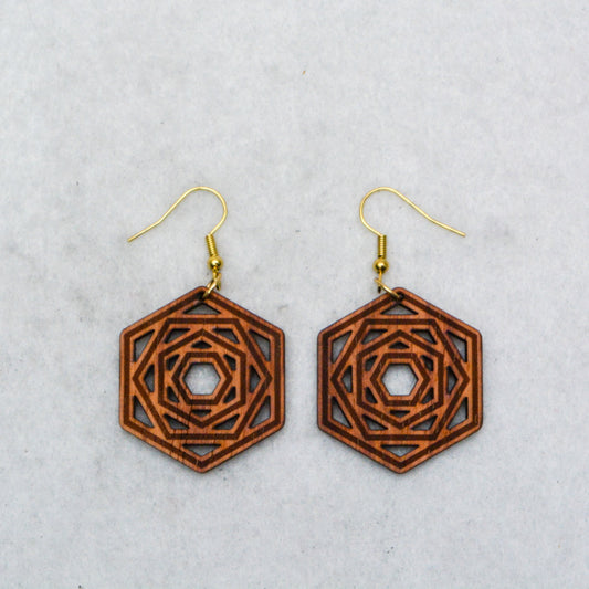 Hexagon Design MCM-Inspired Wood Earrings